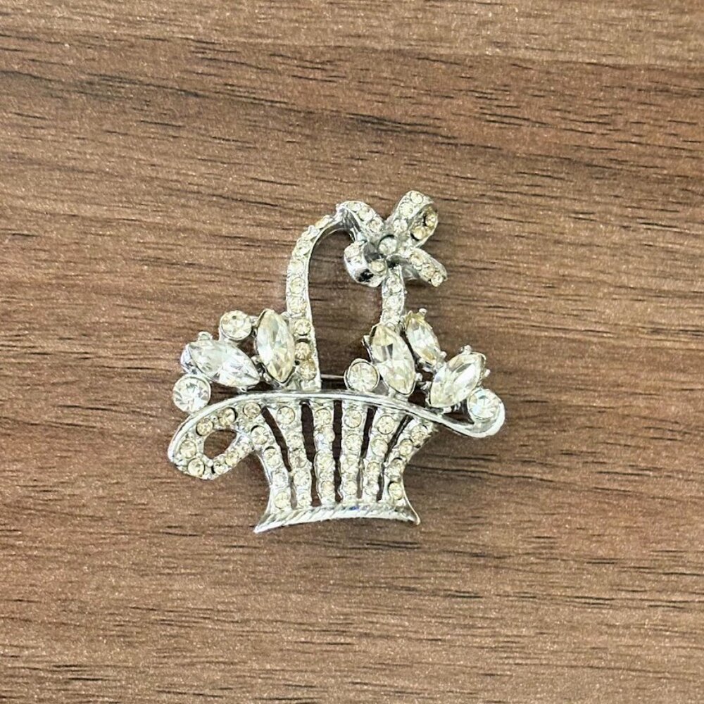 Vintage Silver Tone Rhinestone Flower Basket Brooch  Mid-Century Floral Pin